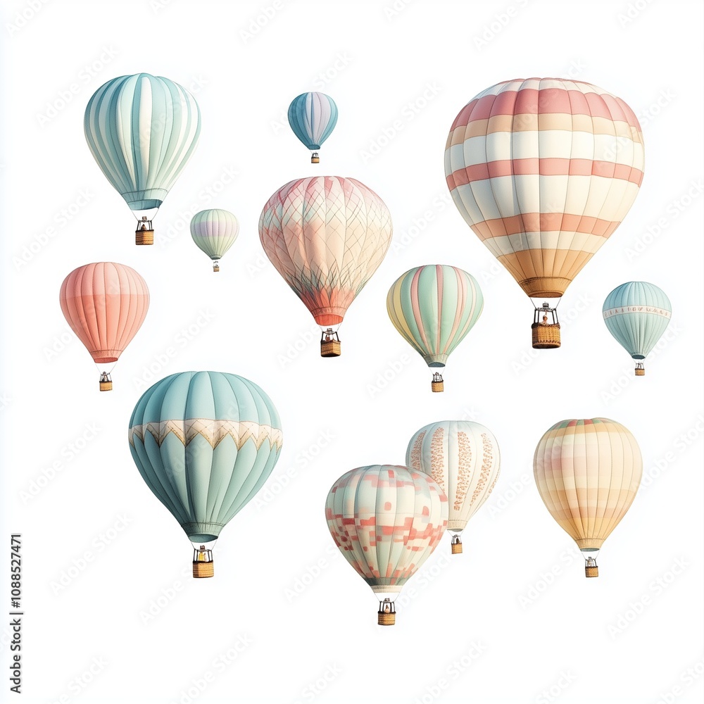 Hot air balloons of a cluster of hot air balloons in pastel shades, soaring gently, isolated on white. Hot air balloons of a cluster of hot air balloons in pastel shades, soaring gently, isolated on white.