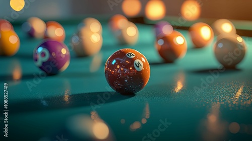 Single Pool Ball On A Green Table With Others Blurred photo