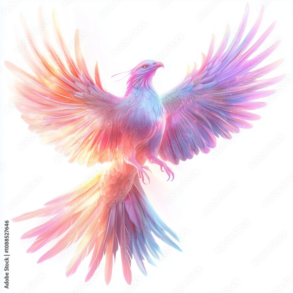 Obraz premium Magical creatures of a glowing pastel-colored phoenix in flight, radiating soft light, isolated on white.