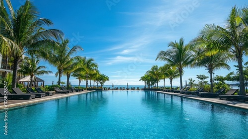 A large pool with palm trees in the background