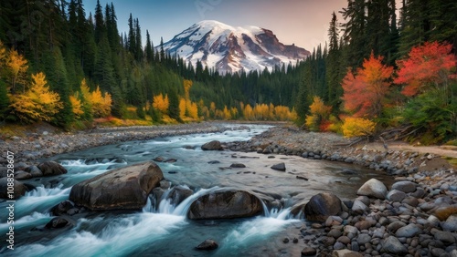 Mount Rainier, spruce forest, glacial rocks, and the Nisqually River in Mt Rainier National Park in Washington State. Majestic tranquil autumn landscape of the Cascade Mountains - generative ai photo