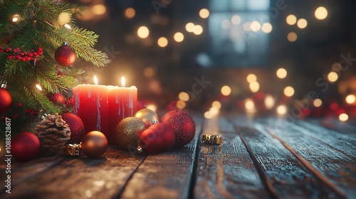 Christmas Wooden Table Mockup with Christmas Tree Balls photo