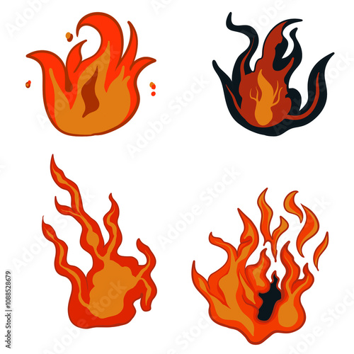 set of burning fire elements