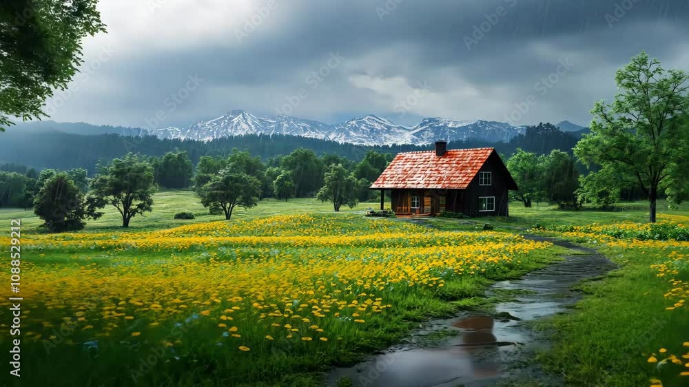 Cabin in a Dandelion Field, Mountain View Cabin in a Dandelion Field, Mountain View