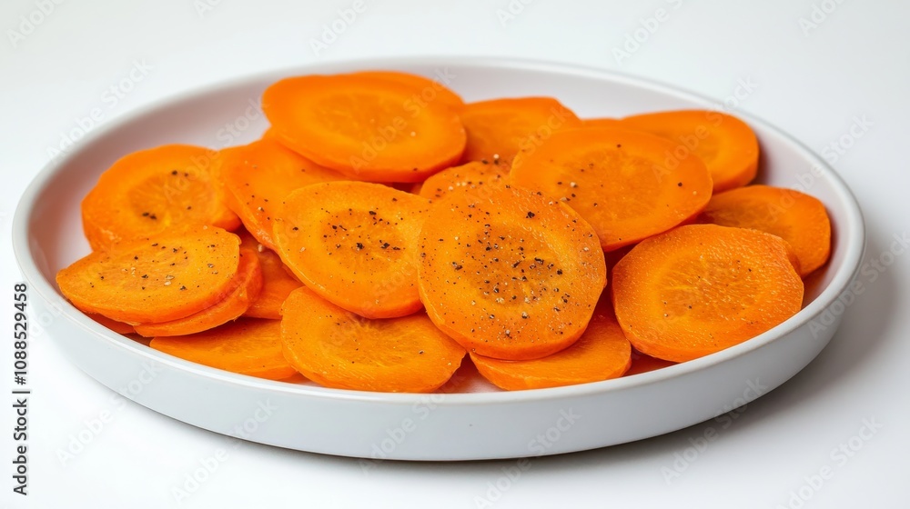 A plate of tangy quick-pickled carrots, thinly sliced and marinated in vinegar, sugar A plate of tangy quick-pickled carrots, thinly sliced and marinated in vinegar, sugar