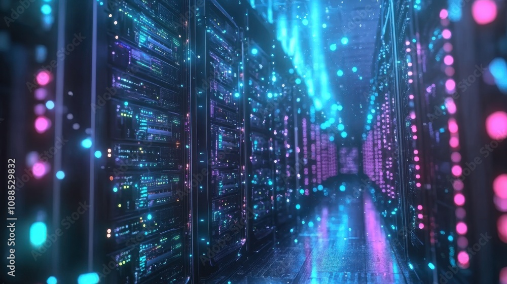 Obraz premium A futuristic server room illuminated with colorful lights, showcasing data storage technology.