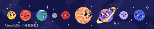 Set of cute planet of solar system with faces. Row of happy globes in space: Mercury, Venus, Earth, moon, Mars, Jupiter, Saturn, Neptune. Funny universe, cosmos. Flat isolated vector illustrations