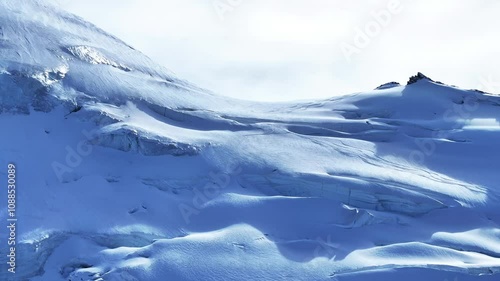 Saastal Saas Fee Ski Resort aerial drone Switzerland morning afternoon ice glacier autumn fresh snow Mount Swiss Alps Alphabel clear skies cold dramatic winter scenery mountain peaks clouds upwards photo