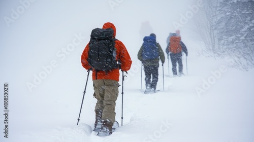 Hikers trekking through heavy snow in a winter landscape.