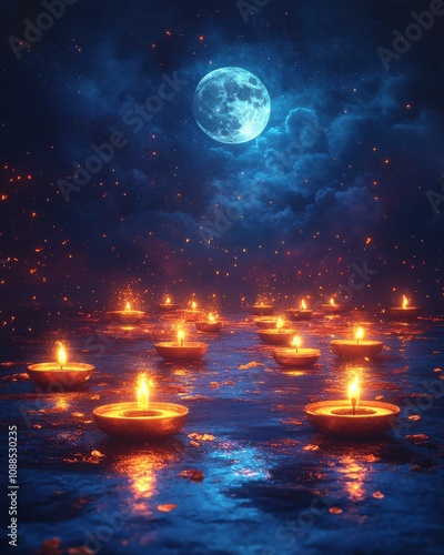 Ethereal Festival of Lights Reflecting on Water Under the Moonlit Sky, Capturing a Serene and Mystical Atmosphere in a Nighttime Celebration of Light and Spirituality photo