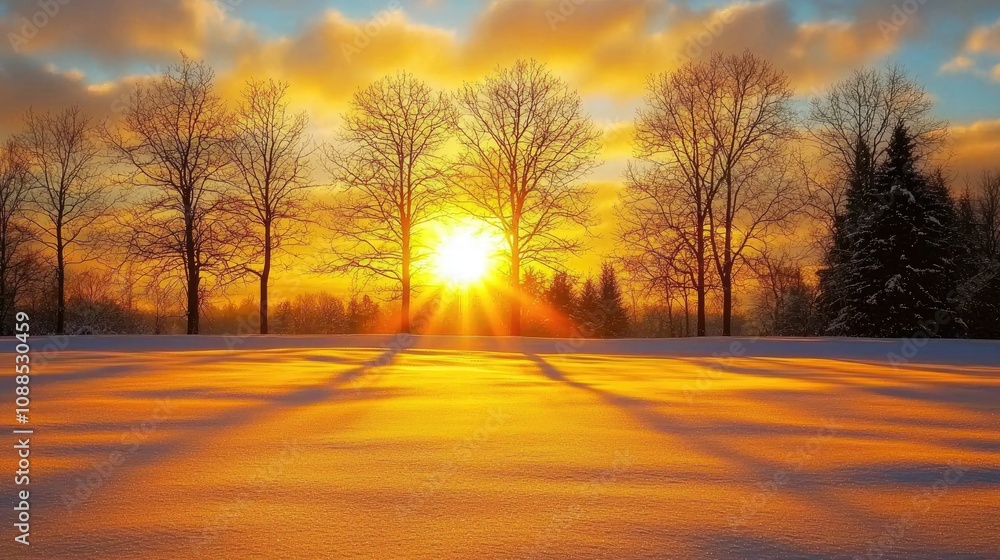 Sunset over a snowy landscape with silhouetted trees and golden light. Sunset over a snowy landscape with silhouetted trees and golden light.