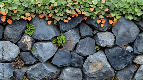 Wallpaper Mural Stone Wall with Green and Orange Leaves Illustration Torontodigital.ca