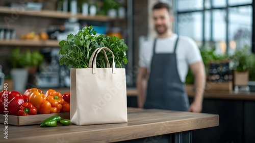 Smiling grocery store worker standing next to shelves displaying a variety of fresh organic fruits and vegetables at a greengrocer s shop or farmer s market stall  Concept of healthy photo