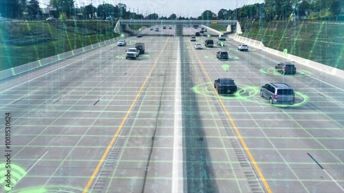 High quality visualization of traffic travelling on a freeway showing data connectivity of vehicles to networks and traffic data modelling, with green data overlay