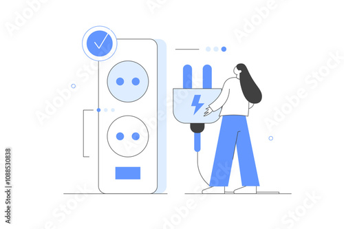 Sustainability Character reduce energy consumption at home unplug appliances. Energy efficiency and electricity consumption in household concept. Flat Cartoon Vector Illustration, icon. Stylish 