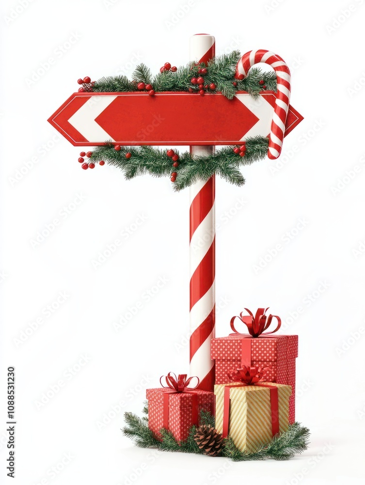 Naklejka premium North Pole candy cane arrow sign decorated with garland and presents isolated on white background. Christmas template of red road and transportation sign with copy space for your art