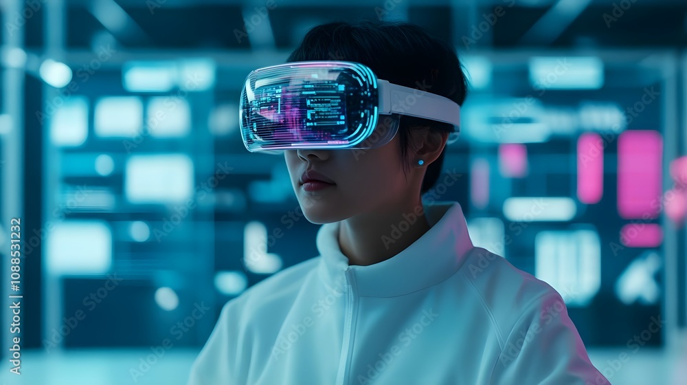 Woman Using Futuristic VR Headset Woman Using Futuristic VR Headset