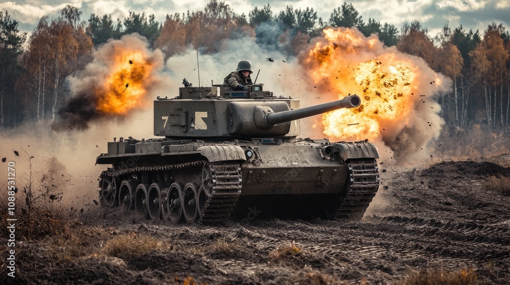 Tank firing amidst explosions and smoke in a battlefield setting. Tank firing amidst explosions and smoke in a battlefield setting.
