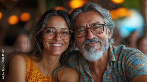 Happy couple enjoying a warm evening at an outdoor gathering with soft lighting and cheerful atmosphere. Generative AI