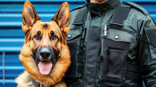 Police officer with a German Shepherd against a blue background. photo