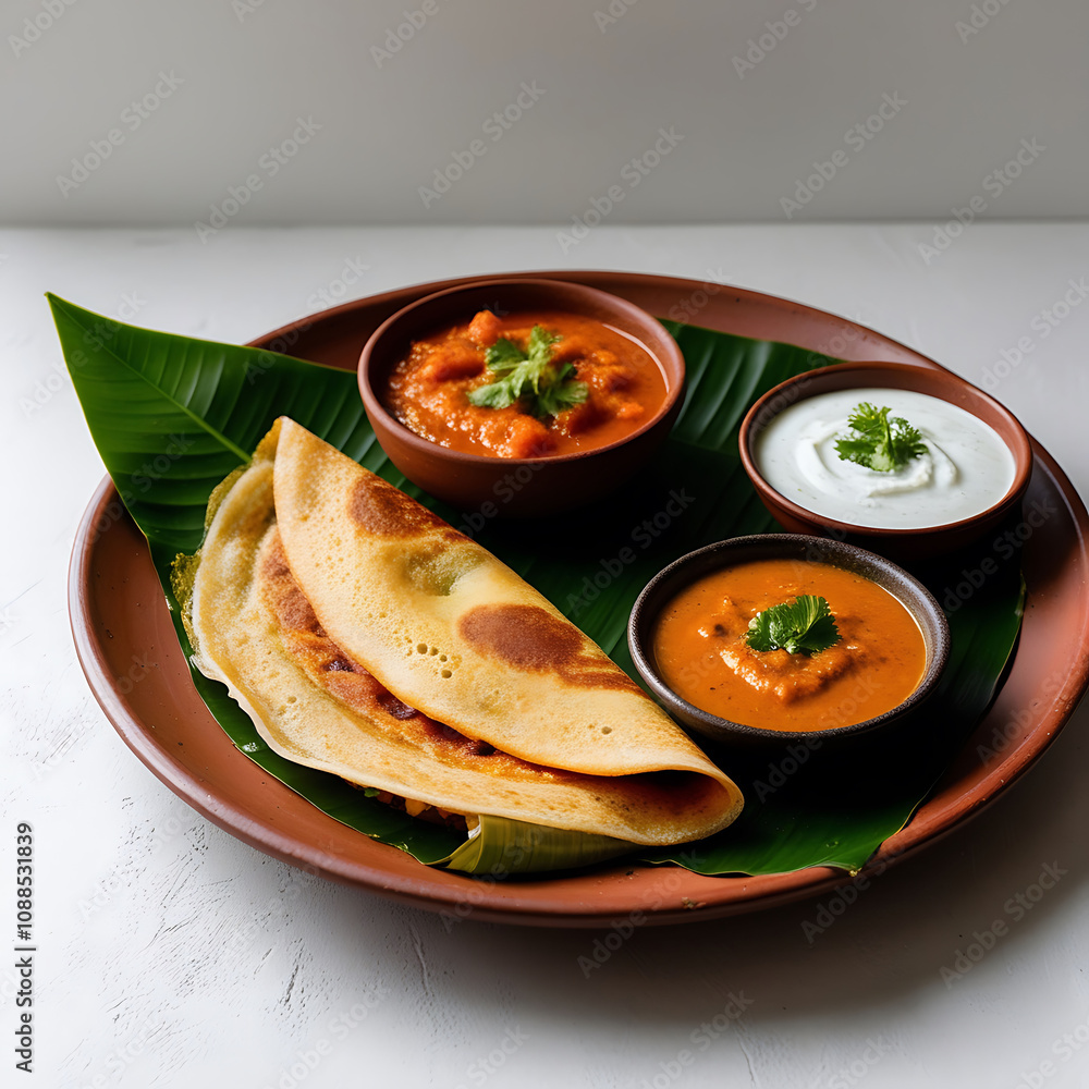 A traditional Indian breakfast featuring dosa, sambar, and coconut chutney on a banana leaf A traditional Indian breakfast featuring dosa, sambar, and coconut chutney on a banana leaf