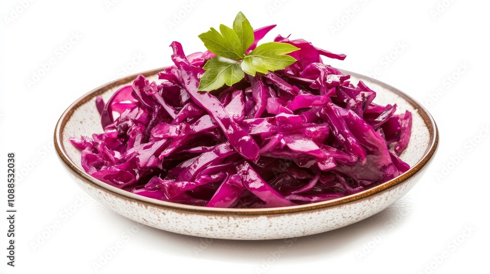 A plate of tangy quick-pickled red cabbage, thinly sliced and marinated in vinegar, sugar A plate of tangy quick-pickled red cabbage, thinly sliced and marinated in vinegar, sugar
