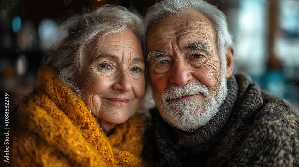 Elderly couple sharing a warm smile while enjoying a cozy moment together indoors during a winter afternoon. Generative AI Elderly couple sharing a warm smile while enjoying a cozy moment together indoors during a winter afternoon. Generative AI