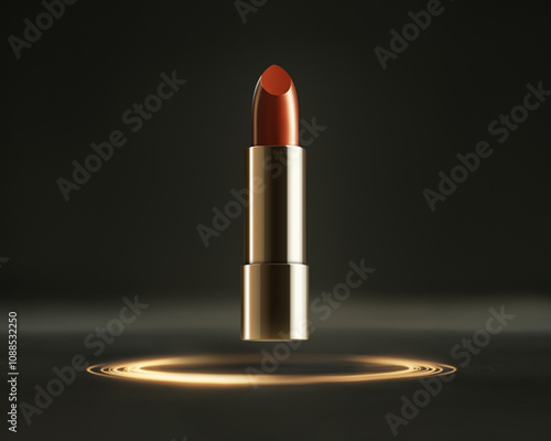 Retro red lipstick in metal tube levitating over glowing circles, dark background. Horizontal photo in vintage style, concept of cosmetics with effect of alienness and originality in muted colors