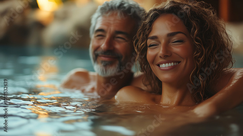 Couple enjoying a relaxing moment in a warm spa pool at sunset while sharing smiles and love. Generative AI