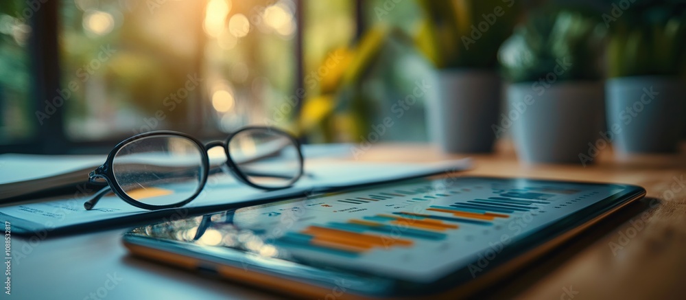 A tablet displaying data charts beside glasses and papers on a wooden desk. A tablet displaying data charts beside glasses and papers on a wooden desk.