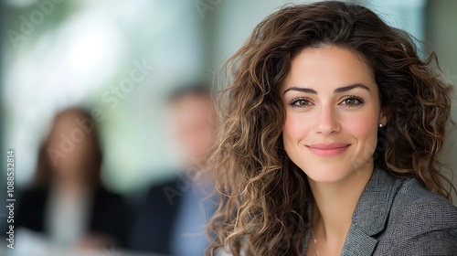 Confident and Stylish Business Woman with Curly Brunette Hair Smiling Happily in a Modern Glass Office Interior