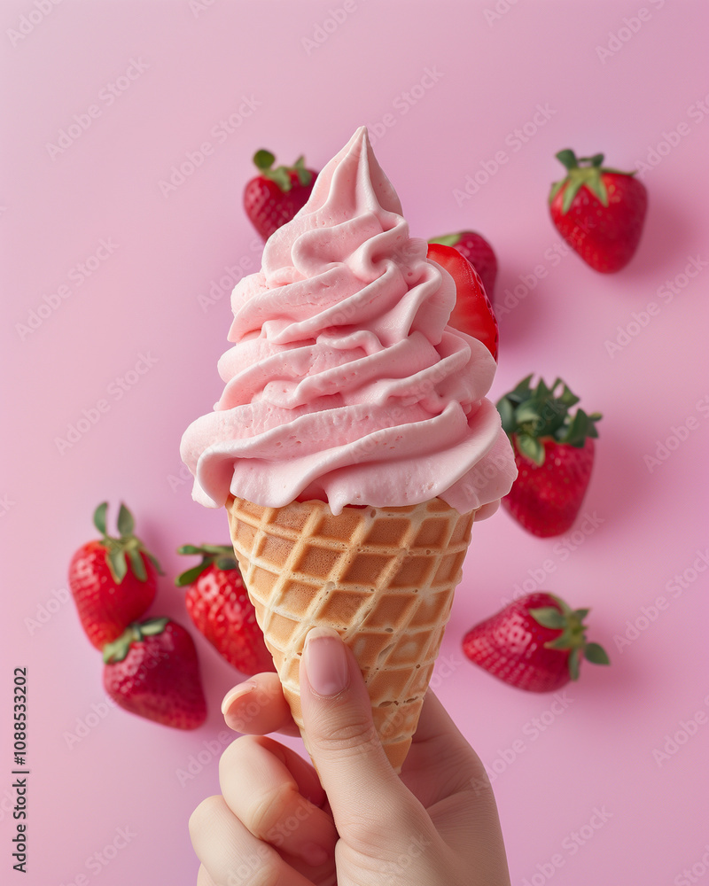 A hand holds a pink strawberry soft serve ice cream cone. Surrounding it are fresh strawberries on a pink background. A hand holds a pink strawberry soft serve ice cream cone. Surrounding it are fresh strawberries on a pink background.