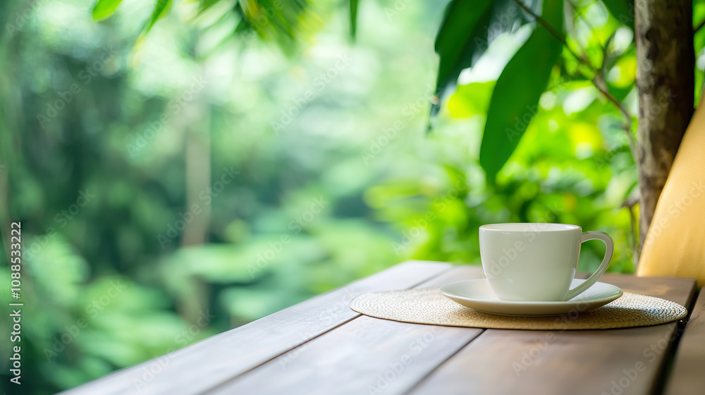 white coffee cup on wooden table in lush green garden setting, creating peaceful and serene atmosphere. white coffee cup on wooden table in lush green garden setting, creating peaceful and serene atmosphere.