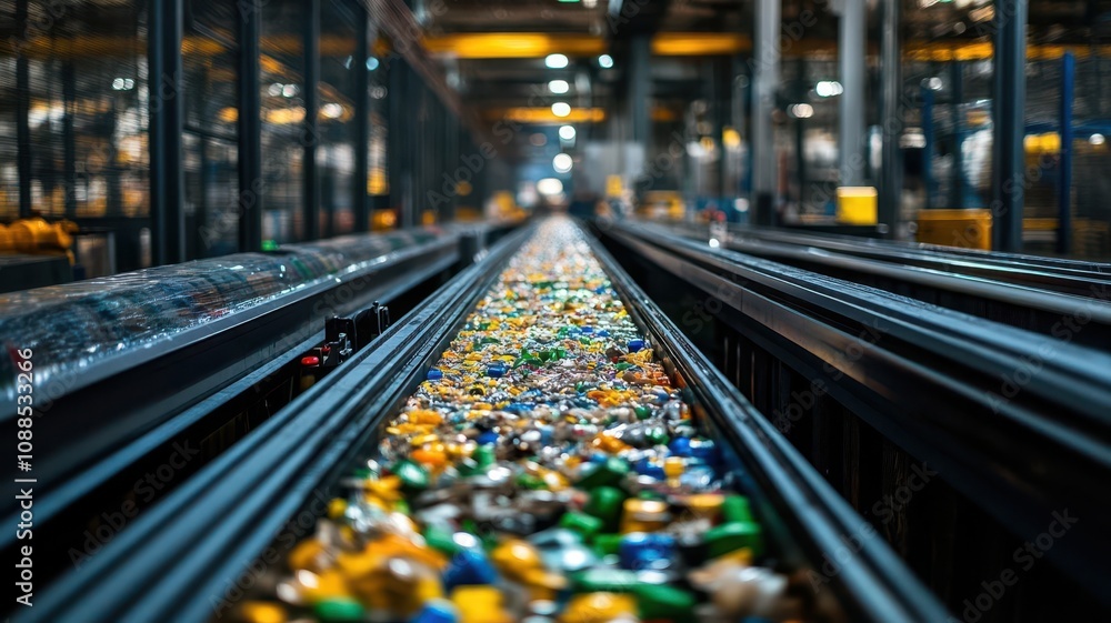 Industrial recycling conveyor belt carrying sorted materials, dynamic and clean environment showcasing efficiency Industrial recycling conveyor belt carrying sorted materials, dynamic and clean environment showcasing efficiency