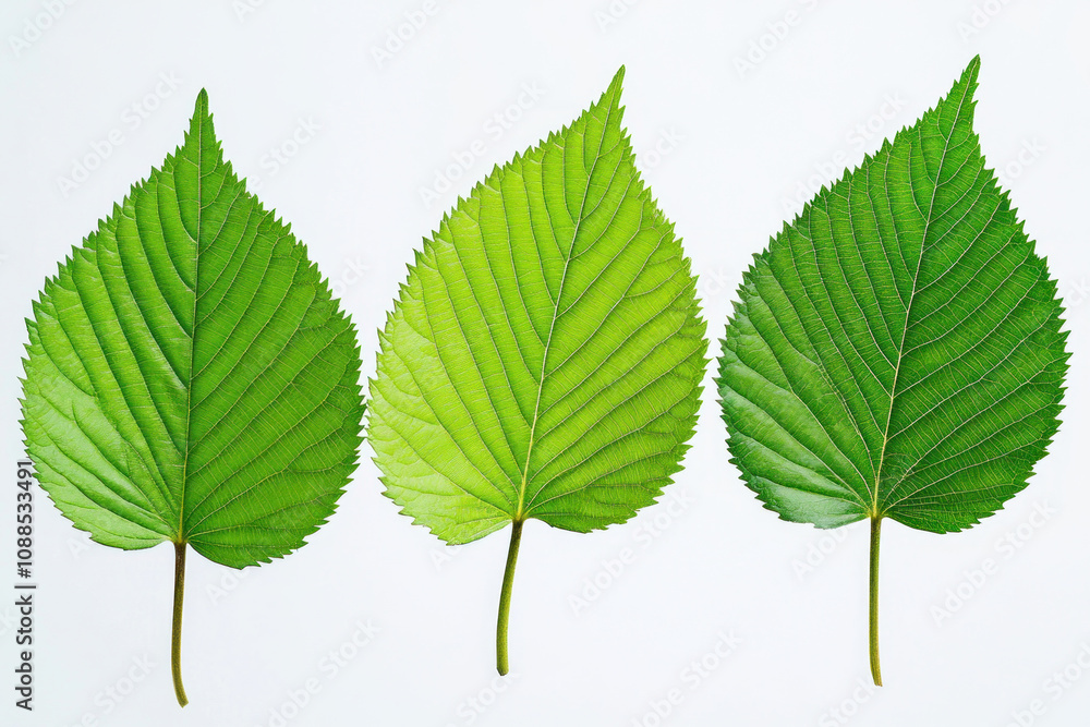 Three green leaves on a white background. Three green leaves on a white background.