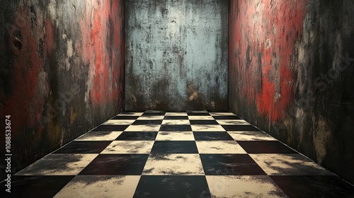 Distressed Room Checkered Floor Grungy Walls