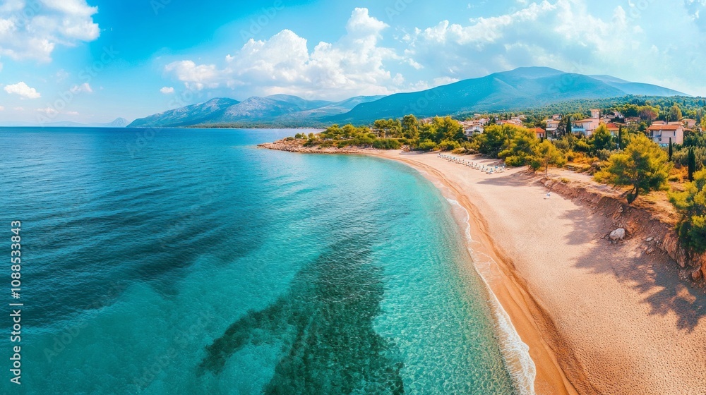 A beautiful beach with a clear blue ocean and mountains in the background A beautiful beach with a clear blue ocean and mountains in the background