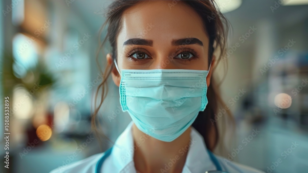 Front view of female doctor wearing medical face mask in examination room Front view of female doctor wearing medical face mask in examination room