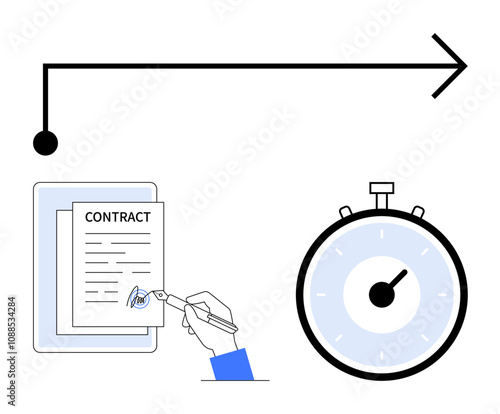 Arrow hand signing a contract stopwatch. Ideal for legal agreements, productivity, time management, business processes, workflow, deadlines, efficiency. Line metaphor