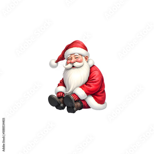 Cute Santa in red suit sitting on a floor and smiling against a transparent background