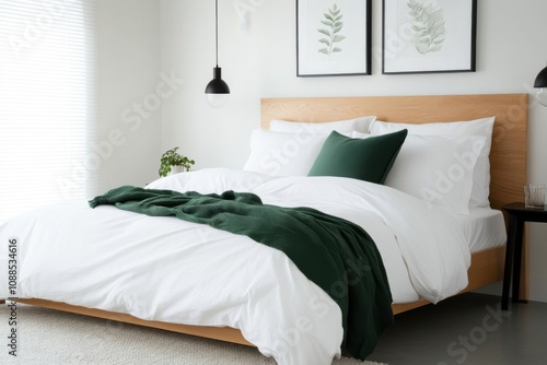 Modern minimalist bedroom interior design with white bedding and green throw