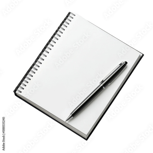 A spiral-bound notebook with a blank page and a black pen resting on it.