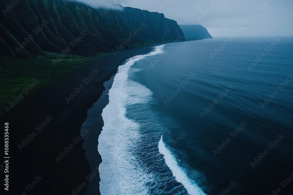Ocean waves crashing on black sand beach at waipio valley, big island, hawaii Ocean waves crashing on black sand beach at waipio valley, big island, hawaii