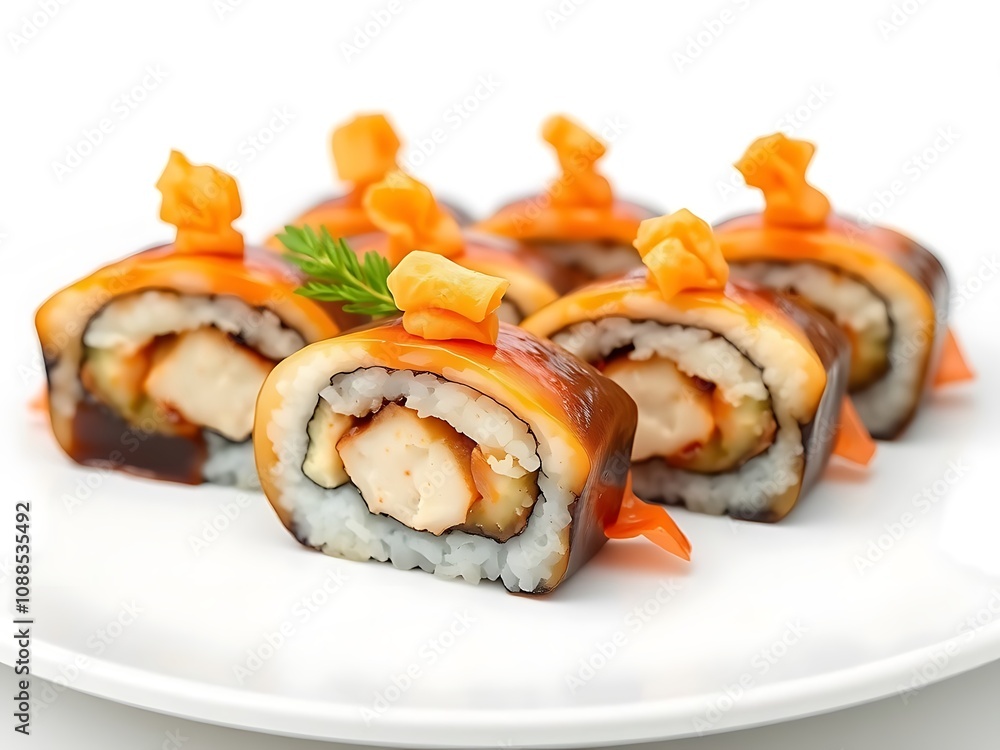 Delicious Spicy Unagi Sushi Roll on White Plate. AI Generated Delicious Spicy Unagi Sushi Roll on White Plate. AI Generated