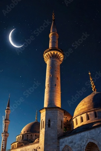 Islamic vertical photo. Suleymaniye Mosque with crescent moon. Ramadan or laylat al-qadr or kadir gecesi concept vertical photo - generative ai photo