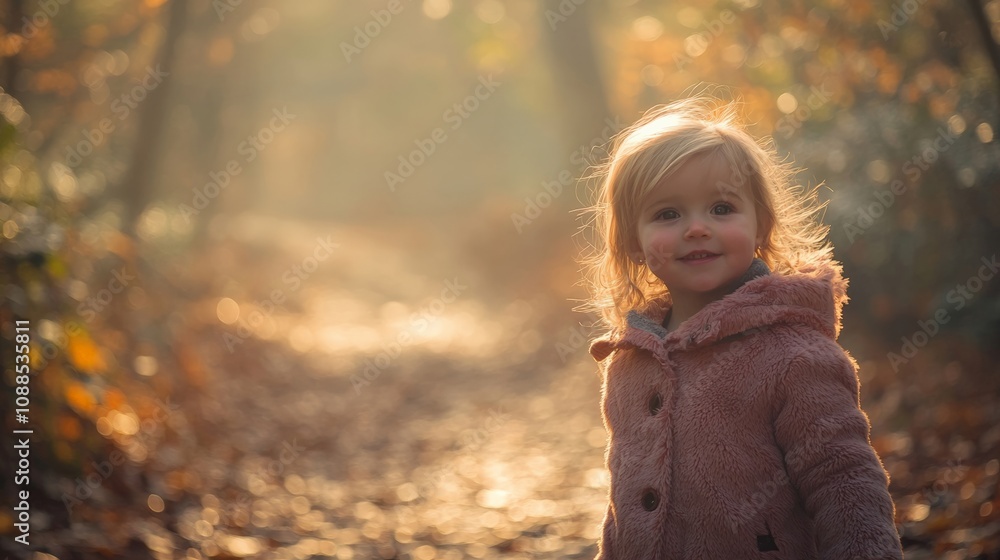 A cheerful child walking through a sunlit forest path filled with autumn leaves. Nature surrounds her as she enjoys the day. A cheerful child walking through a sunlit forest path filled with autumn leaves. Nature surrounds her as she enjoys the day.