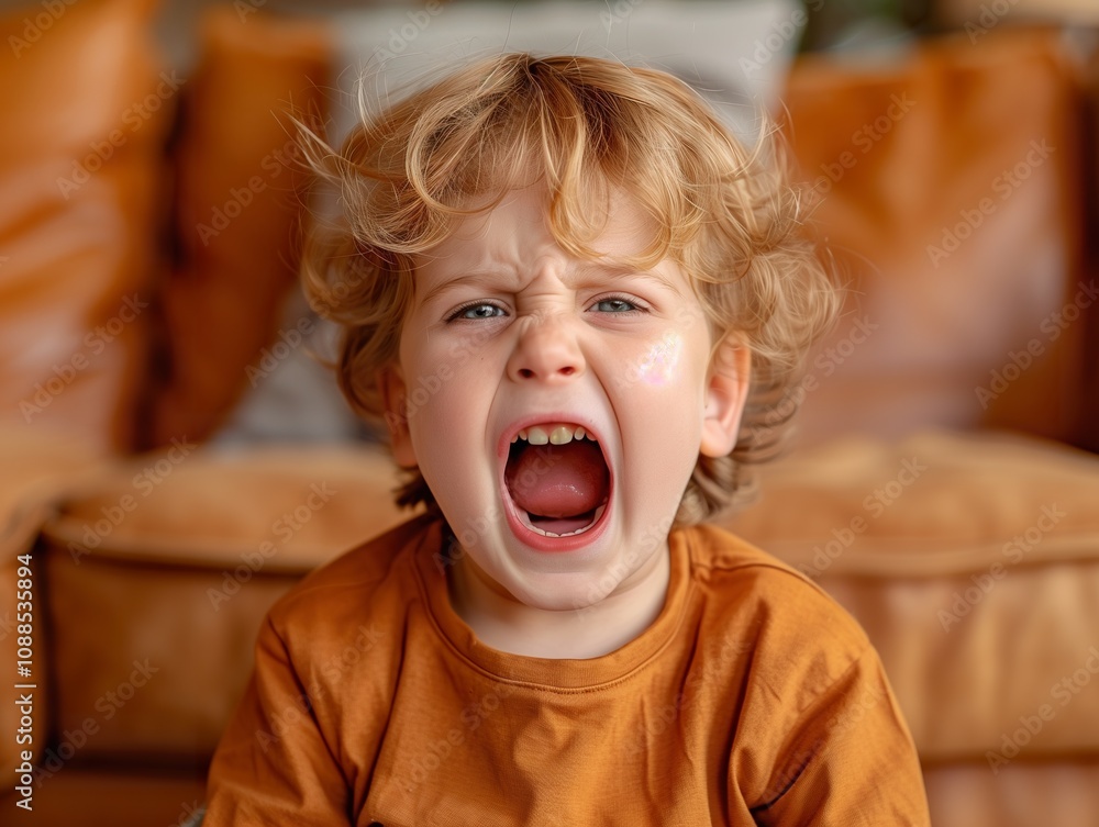 Closeup of a young blond boy with furious expression, mouth wide open in a yell. Closeup of a young blond boy with furious expression, mouth wide open in a yell.