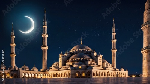 Islamic vertical photo. Suleymaniye Mosque with crescent moon. Ramadan or laylat al-qadr or kadir gecesi concept vertical photo - generative ai photo