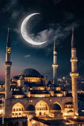 Islamic vertical photo. Suleymaniye Mosque with crescent moon. Ramadan or laylat al-qadr or kadir gecesi concept vertical photo - generative ai photo