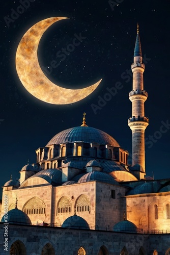 Islamic vertical photo. Suleymaniye Mosque with crescent moon. Ramadan or laylat al-qadr or kadir gecesi concept vertical photo - generative ai photo